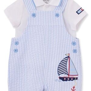 Little Me Blue & White Seersucker Baby Overalls with Sailboat Applique 24 months